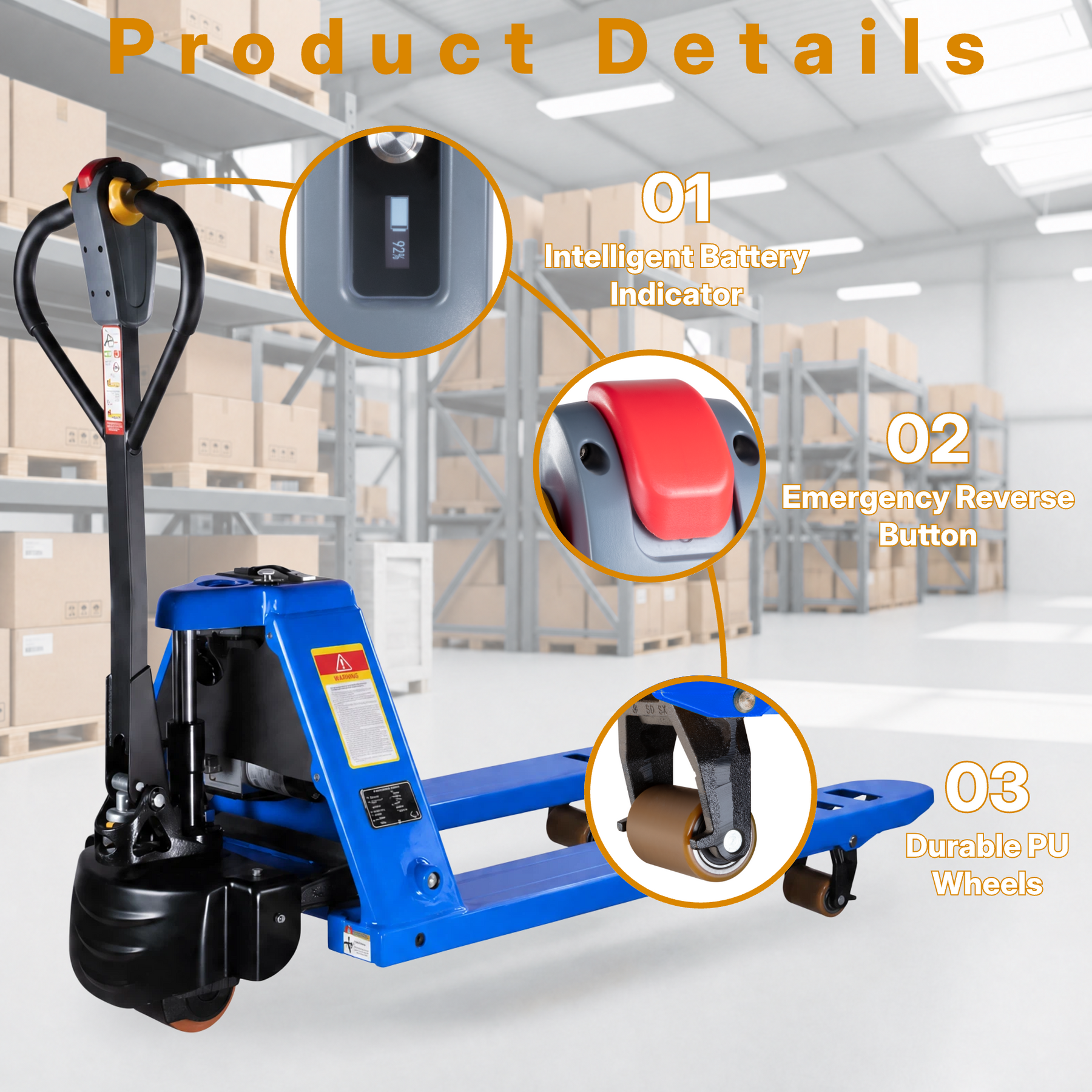 Standard Electric Pallet Jack, 48" x 27", 3300lb Capacity, Blue
