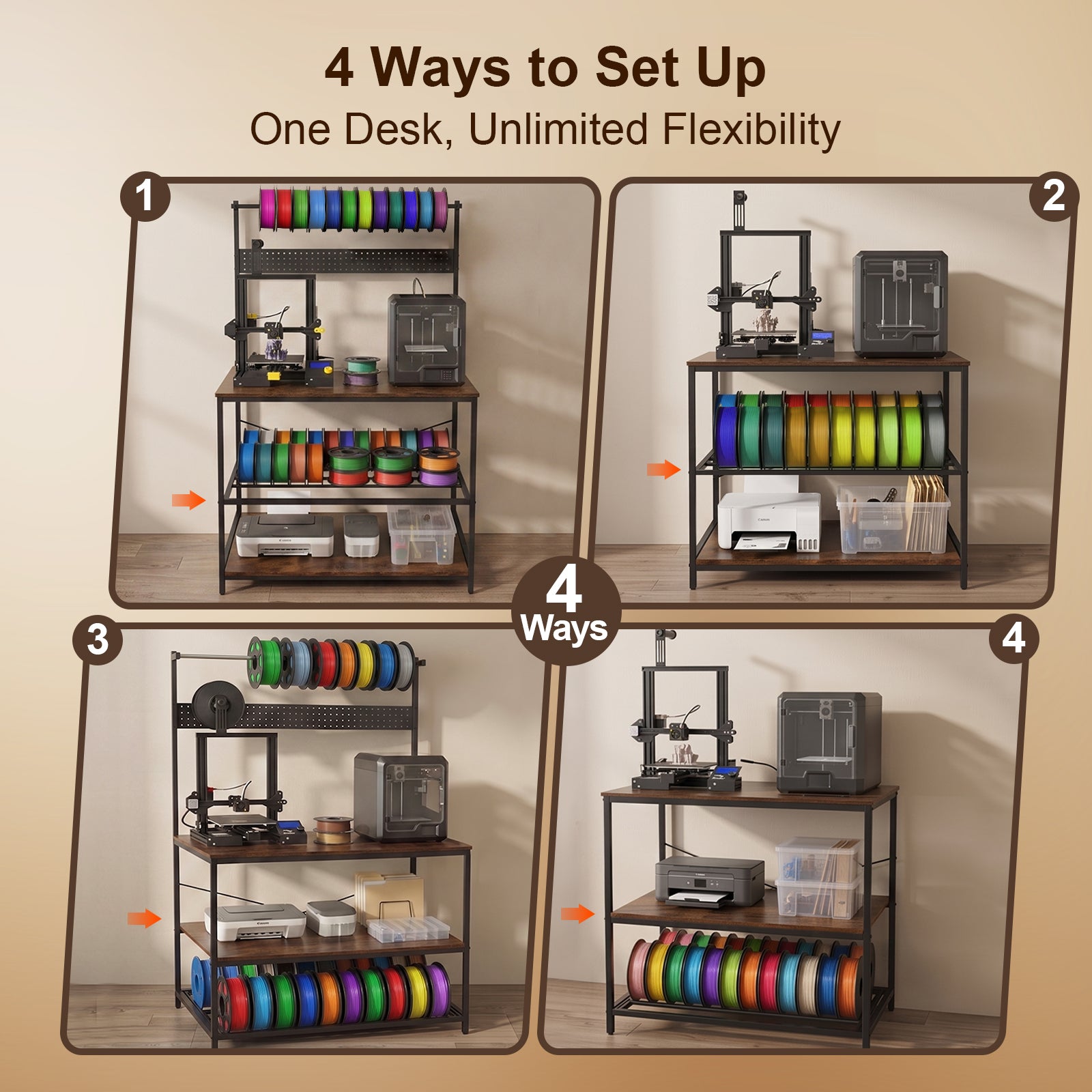 NORTHSKY 3D Printer Stand with Filament Storage – Tall 60" Heavy Duty Metal 3D Printer Table Desk with Power Strip & Pegboard Panel, Enforced X-Bracket Stability for Workshop, Studio, Office, Brown