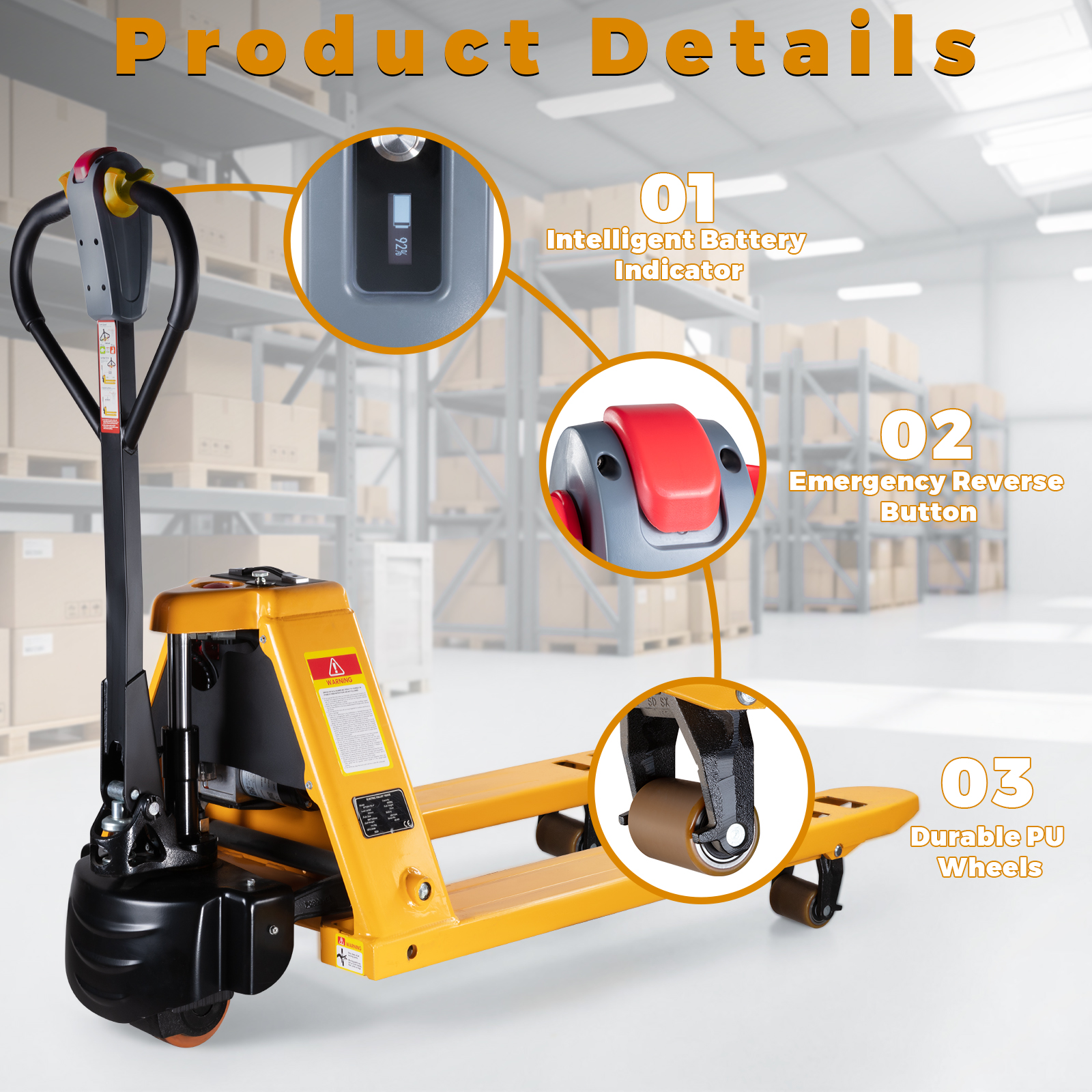 Standard Electric Pallet Jack, 48" x 27", 3300lb Capacity, Yellow