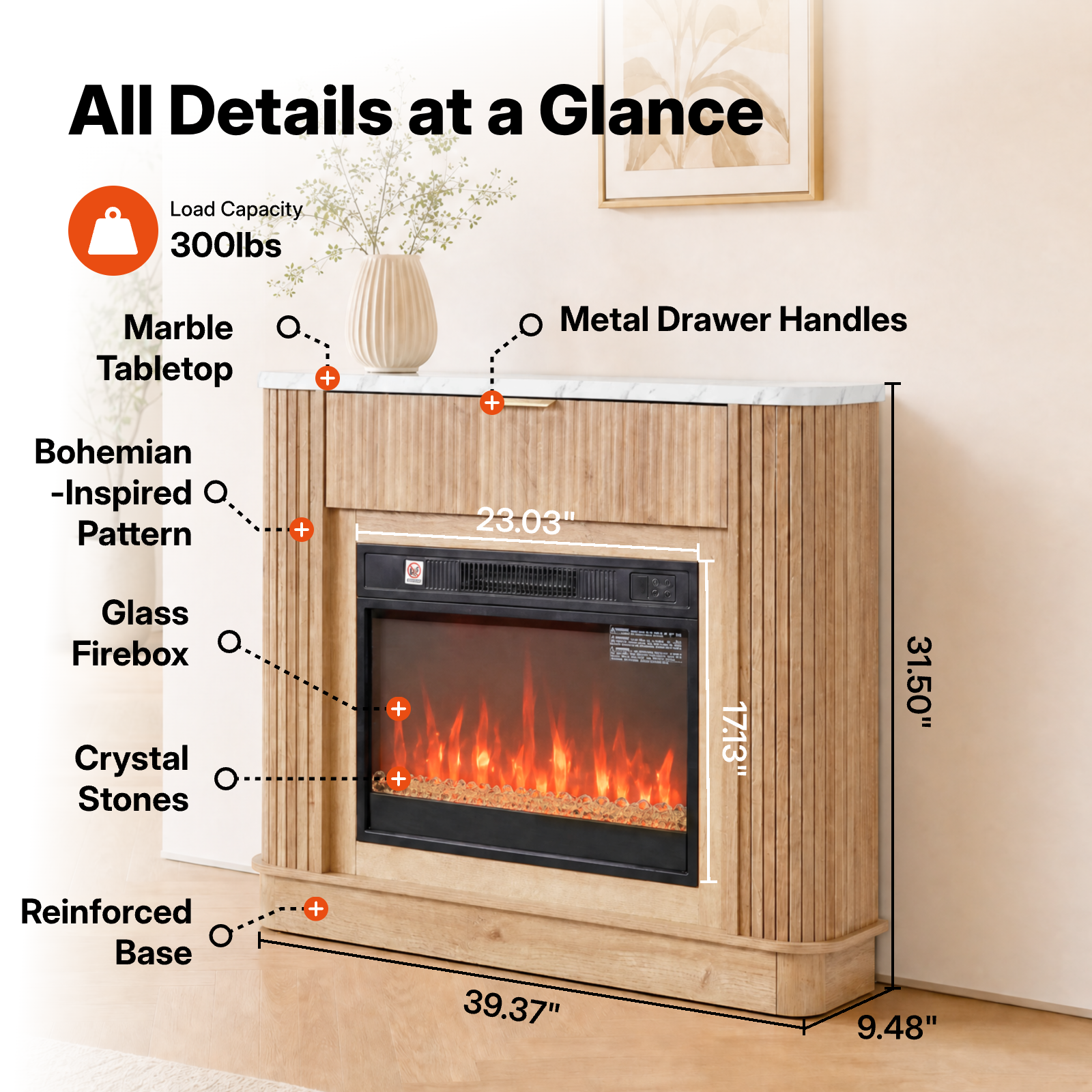 NORTHSKY 39" Electric Fireplace with Mantel, Farmhouse Curved Fluted Fireplace Heater with 23" Insert LED Crystal Flame Effect, Freestanding Wood Electric Fireplace W/Drawer for Living Room Bedroom