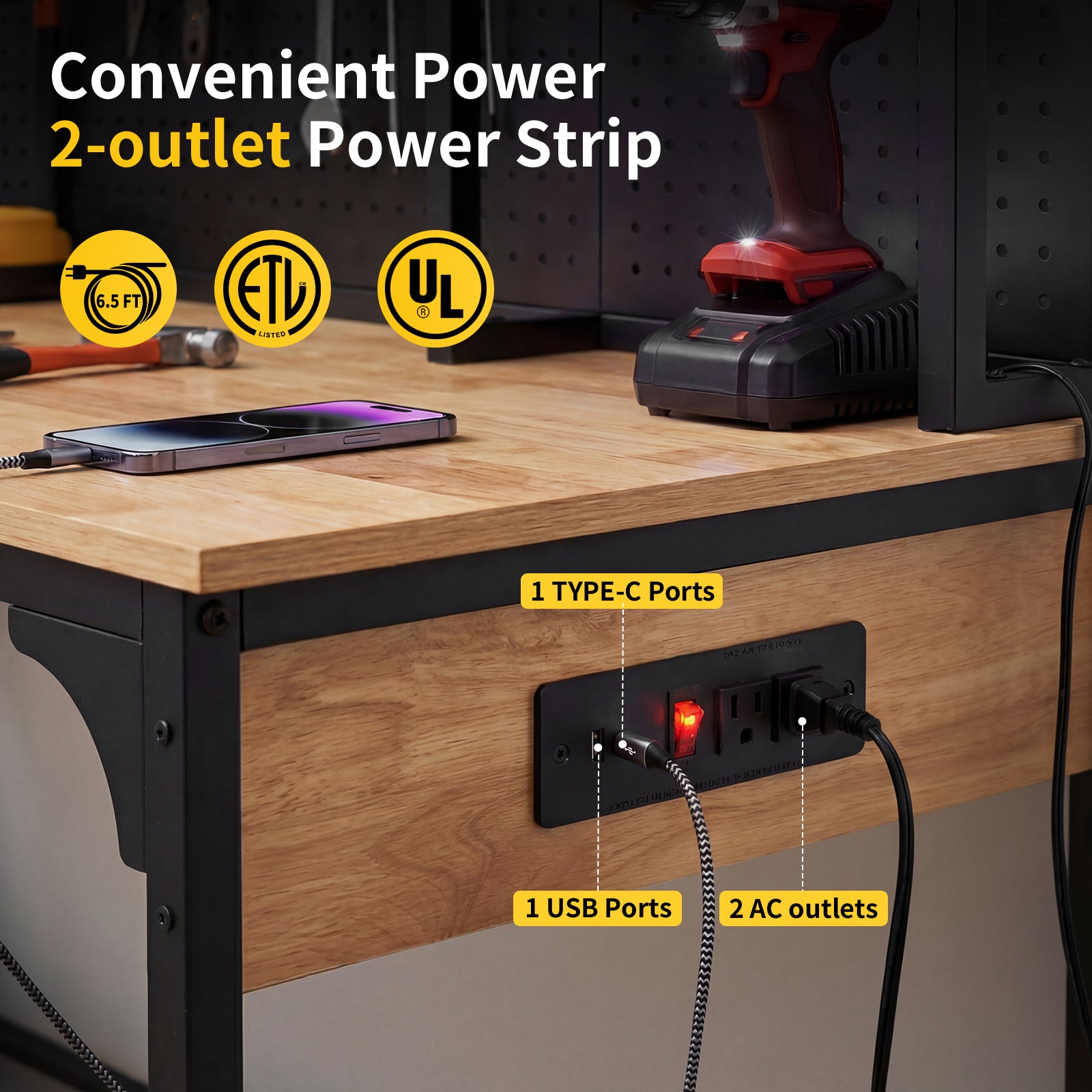 Workbench, 48" x 24", 1350 Lbs Capacity with Pegboard & Lighting