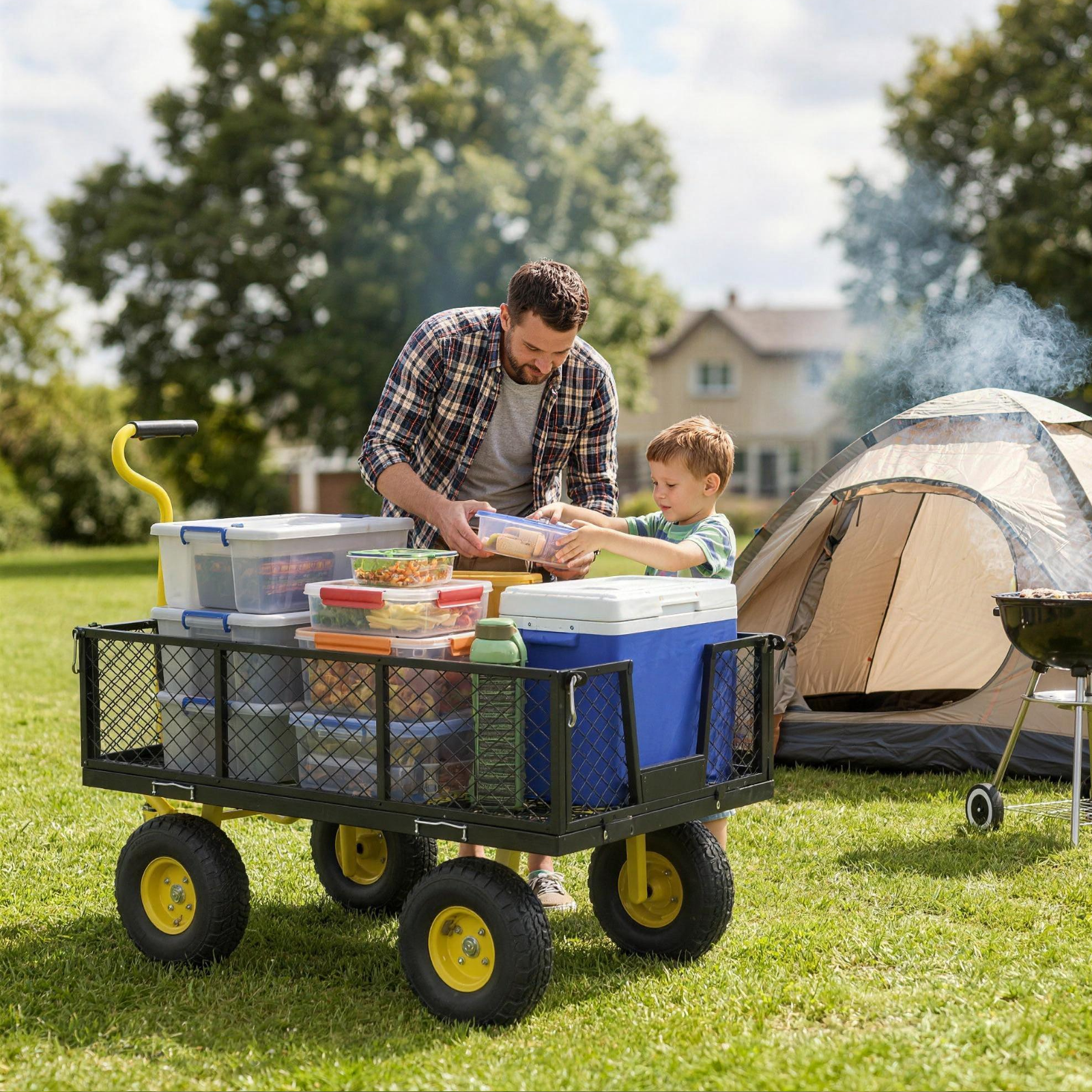 Heavy Duty Mesh Steel Garden Cart, 800lbs Load Capacity, Black and Yellow