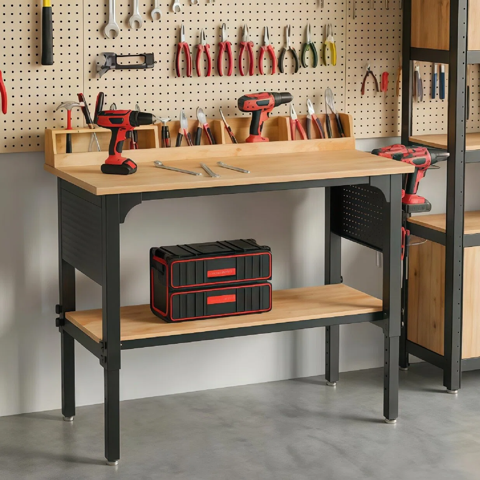 Workbench, 48" X 24", Adjustable Height, 2200 Lbs Capacity with Storage & Pegboard