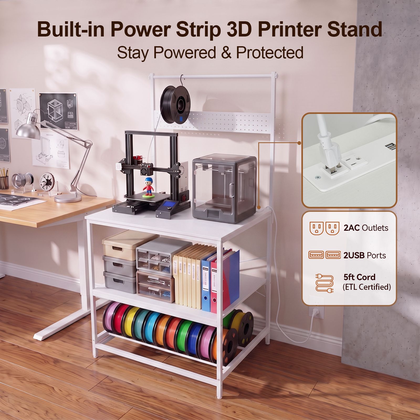NORTHSKY 3D Printer Stand with Filament Storage – Tall 60" Heavy Duty Metal 3D Printer Table Desk with Power Strip & Pegboard Panel, Enforced X-Bracket Stability for Workshop, Studio, Office, White