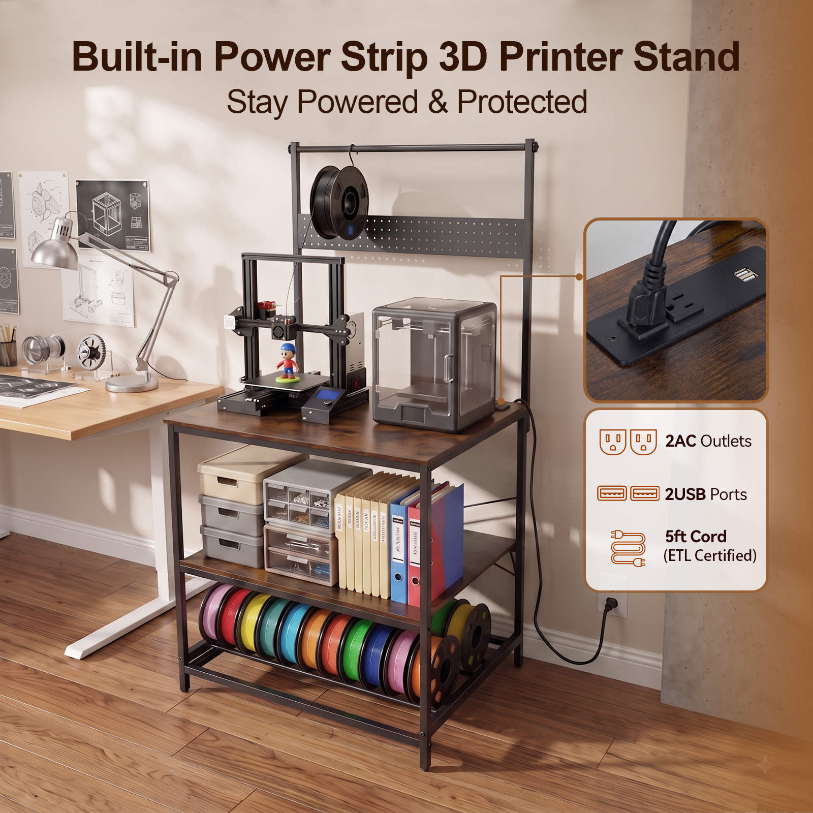NORTHSKY 3D Printer Stand with Filament Storage – Tall 60" Heavy Duty Metal 3D Printer Table Desk with Power Strip & Pegboard Panel, Enforced X-Bracket Stability for Workshop, Studio, Office, Brown