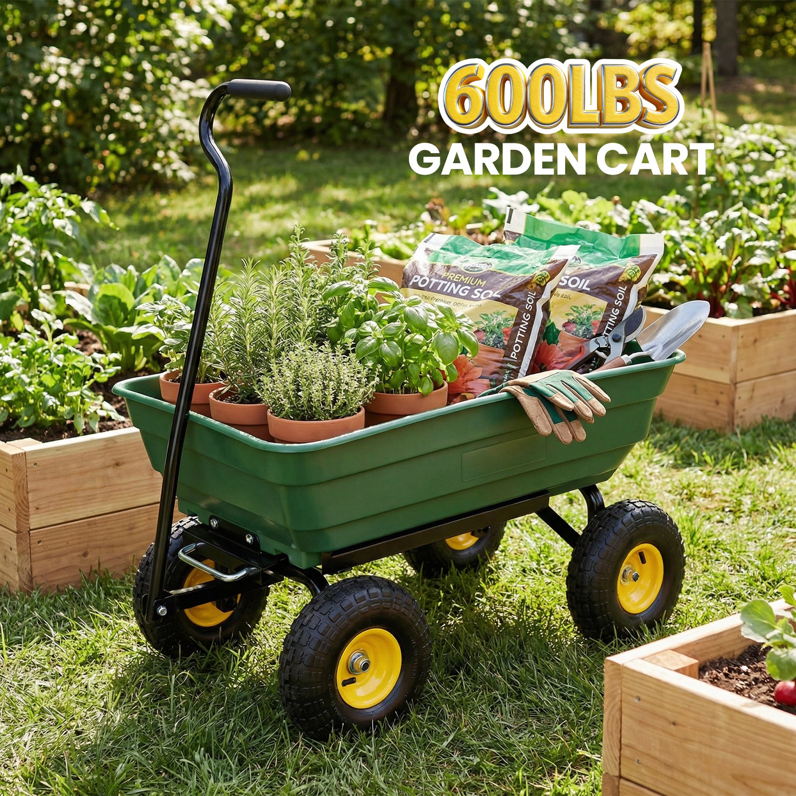 Utility Trailer Dump Cart, 600lbs Load Capacity, Green