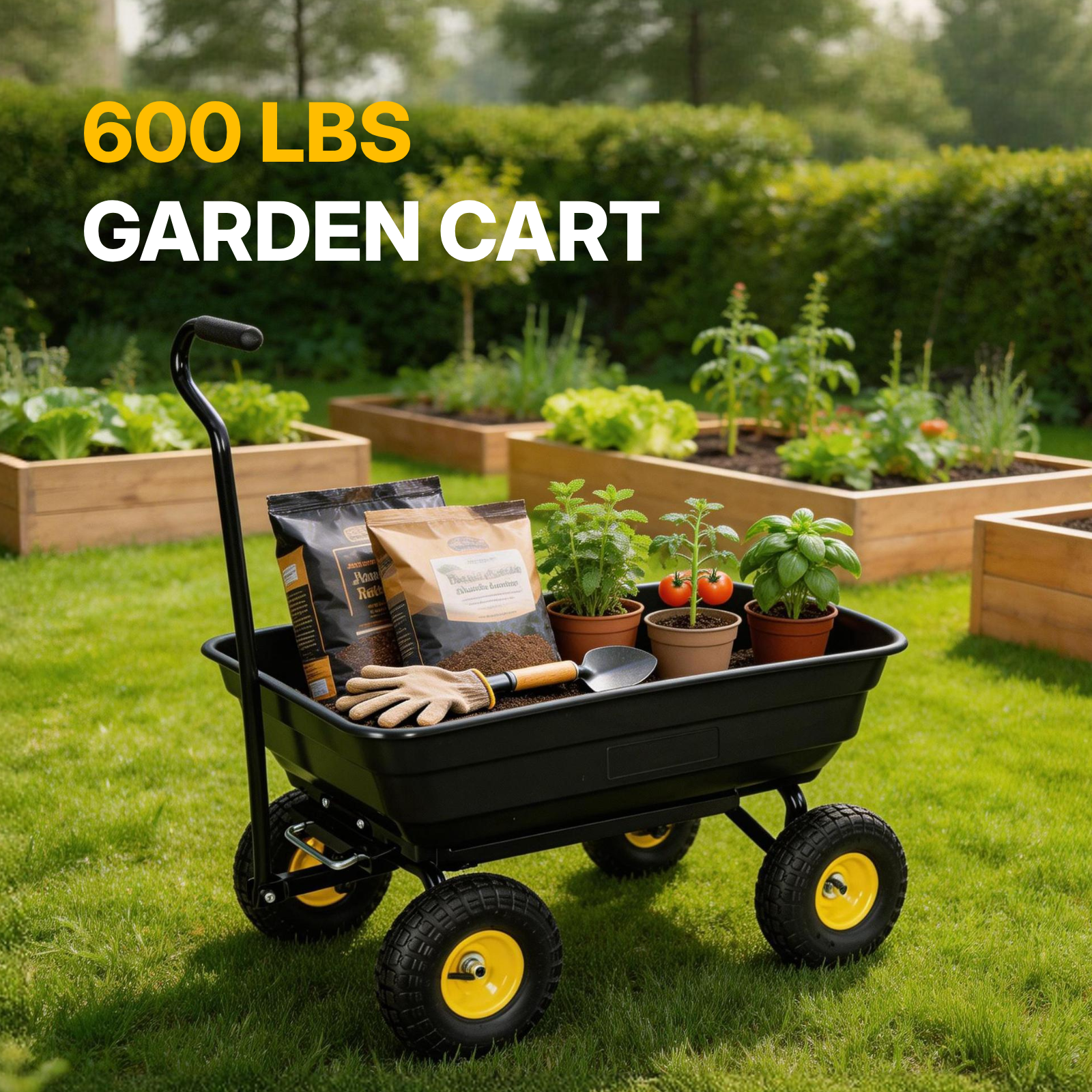 Utility Trailer Dump Cart, 600lbs Load Capacity, Black