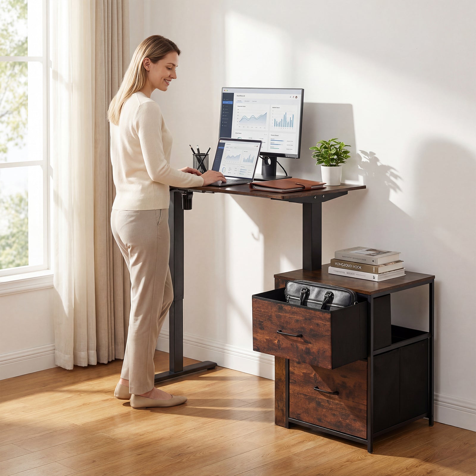 Compact Height-Adjustable Desk, Brown
