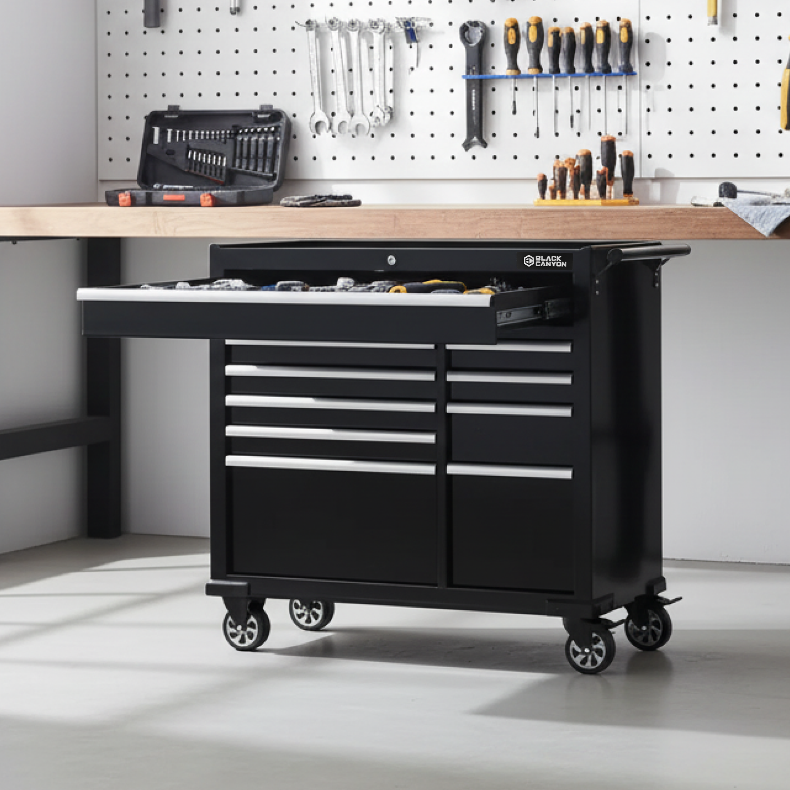 Rolling Tool Cabinet, 10 Drawers, 42" x 18", Black