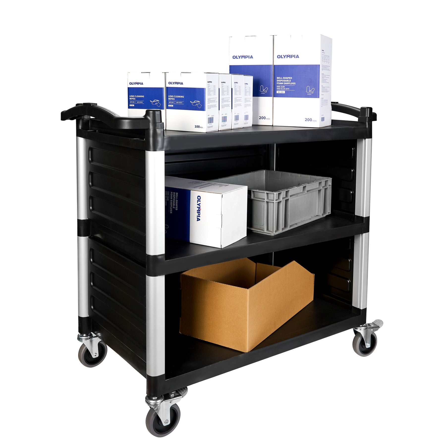 Dual-Handle Enclosed Utility Service Cart, 3 Shelves, 440 lb. Capacity, Black