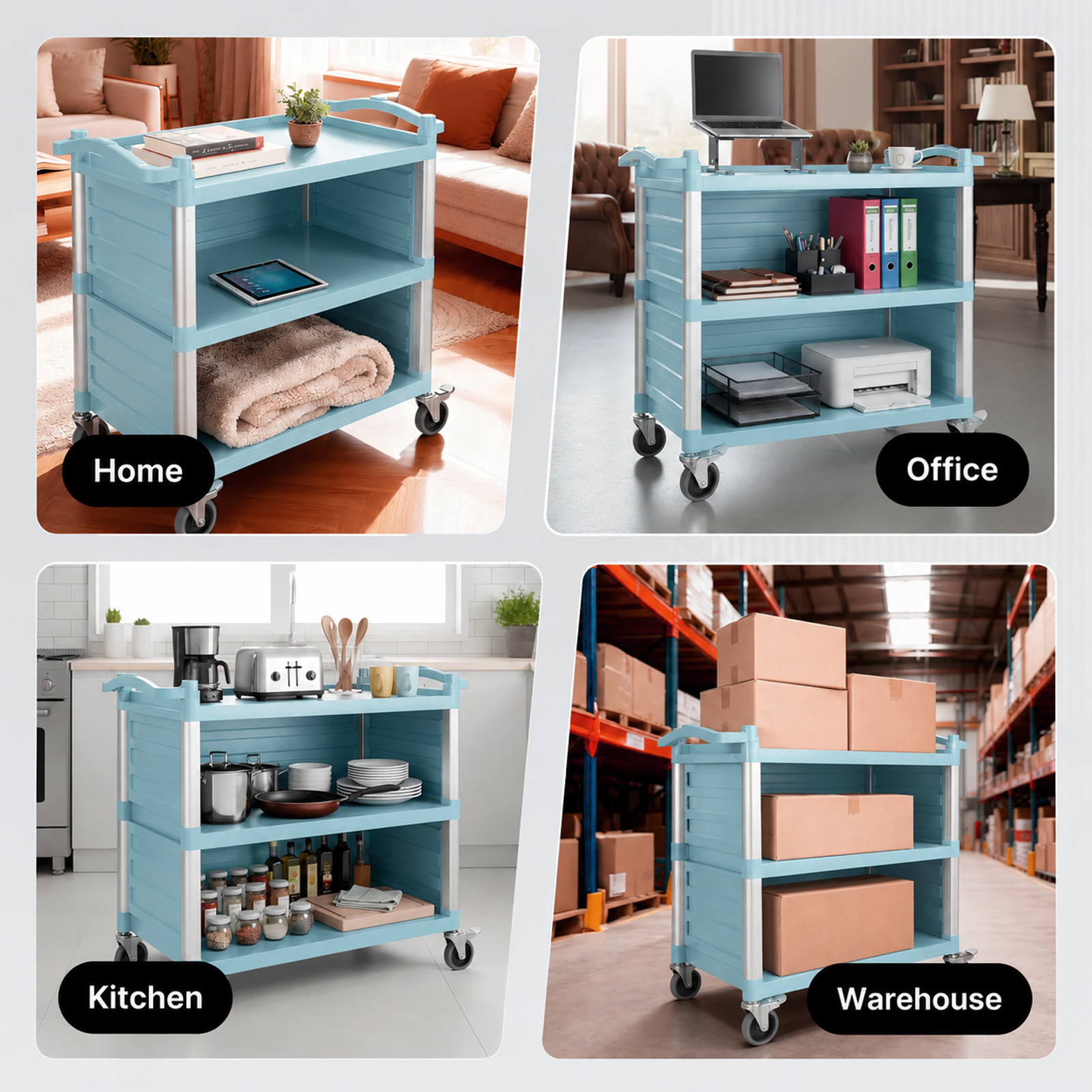 Dual-Handle Enclosed Utility Service Cart, 3 Shelves, 440 lb. Capacity, Grey