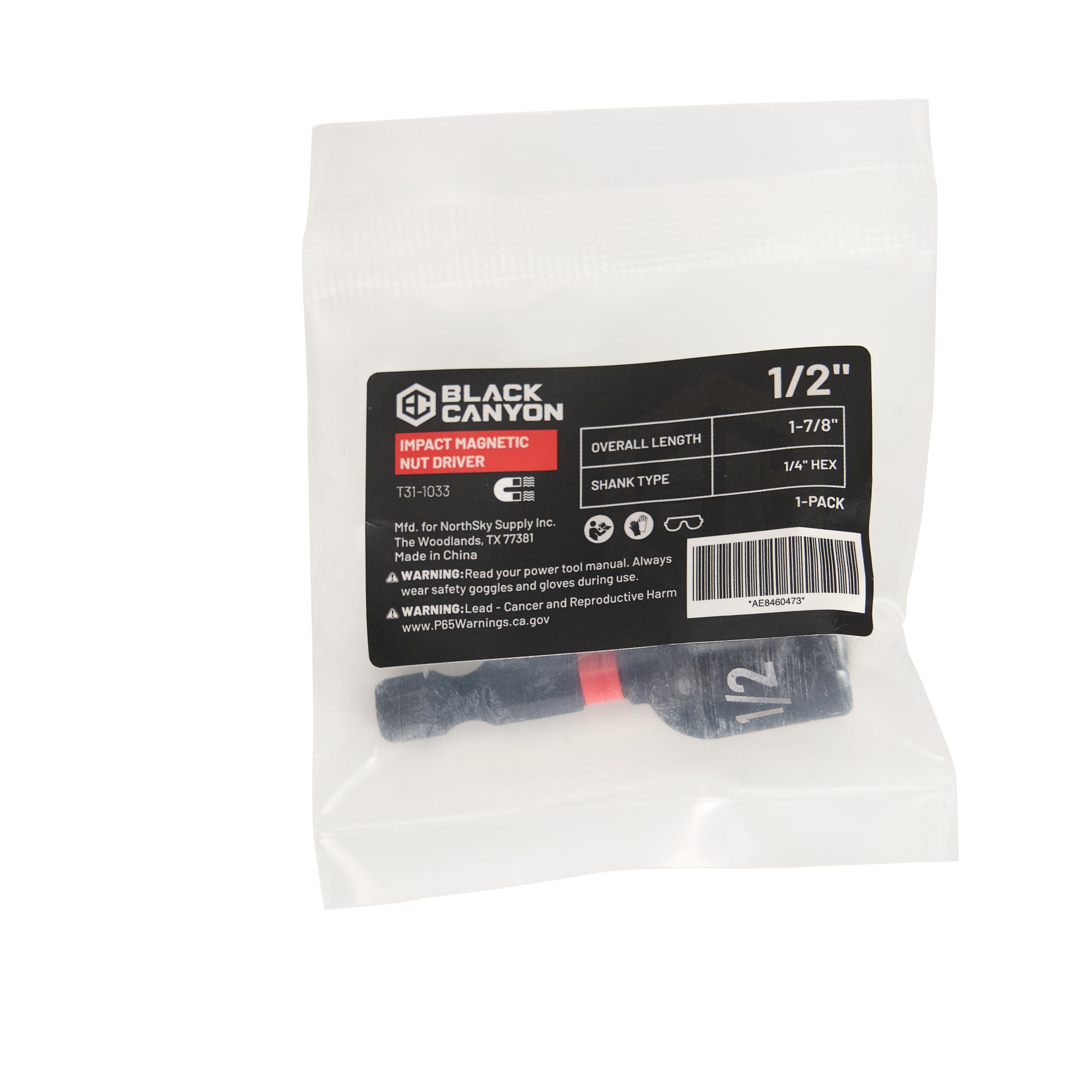 1/2" Impact Nut Driver, Magnetic Tip, 1-7/8" Length, 1 pc