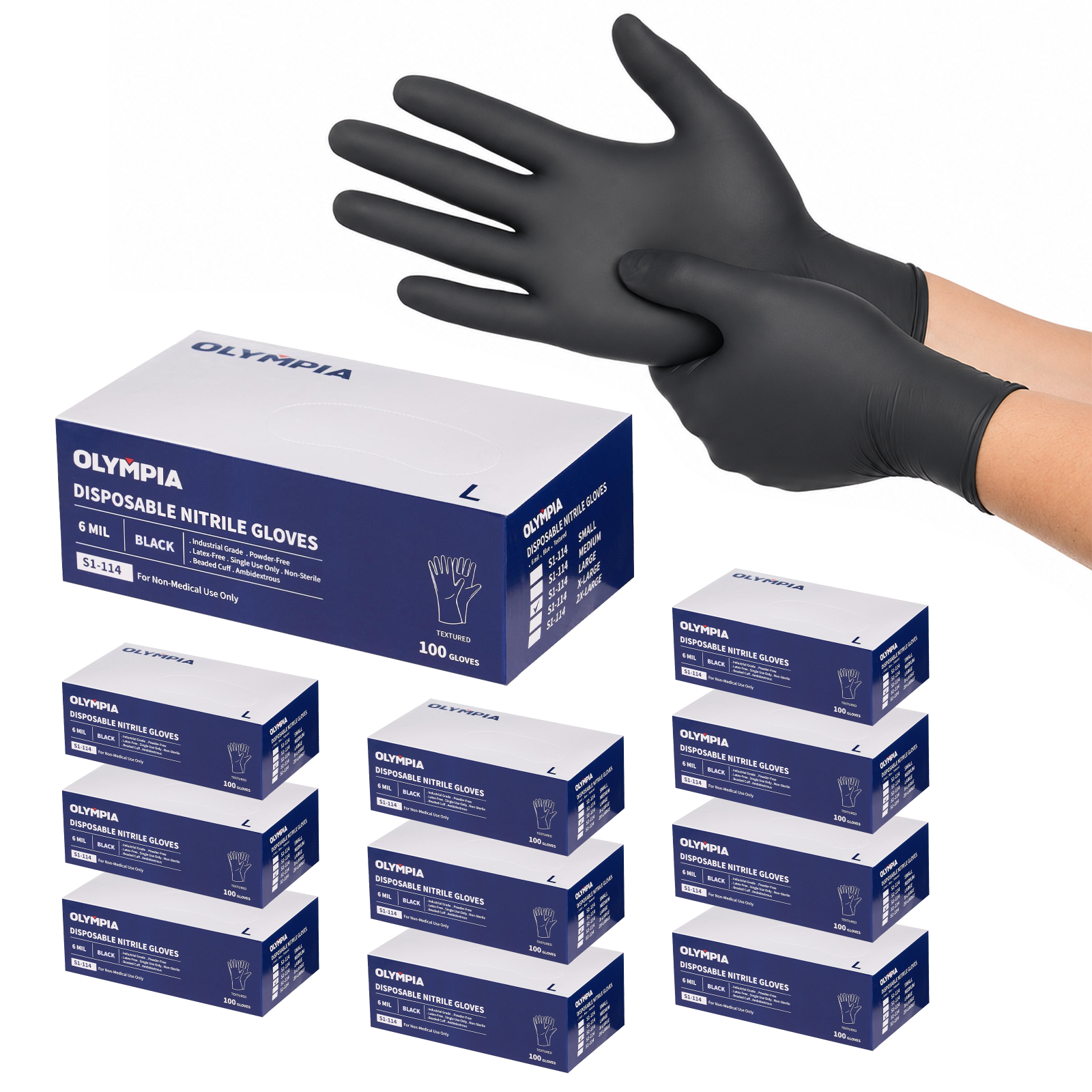 Disposable Nitrile Gloves, 6 mil, L/9, Grain, Black, Box of 100
