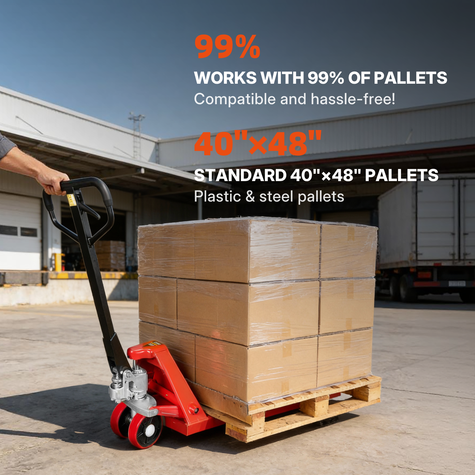 Narrow Manual Pallet Jack, 48" x 21", 5500lb Capacity, Red