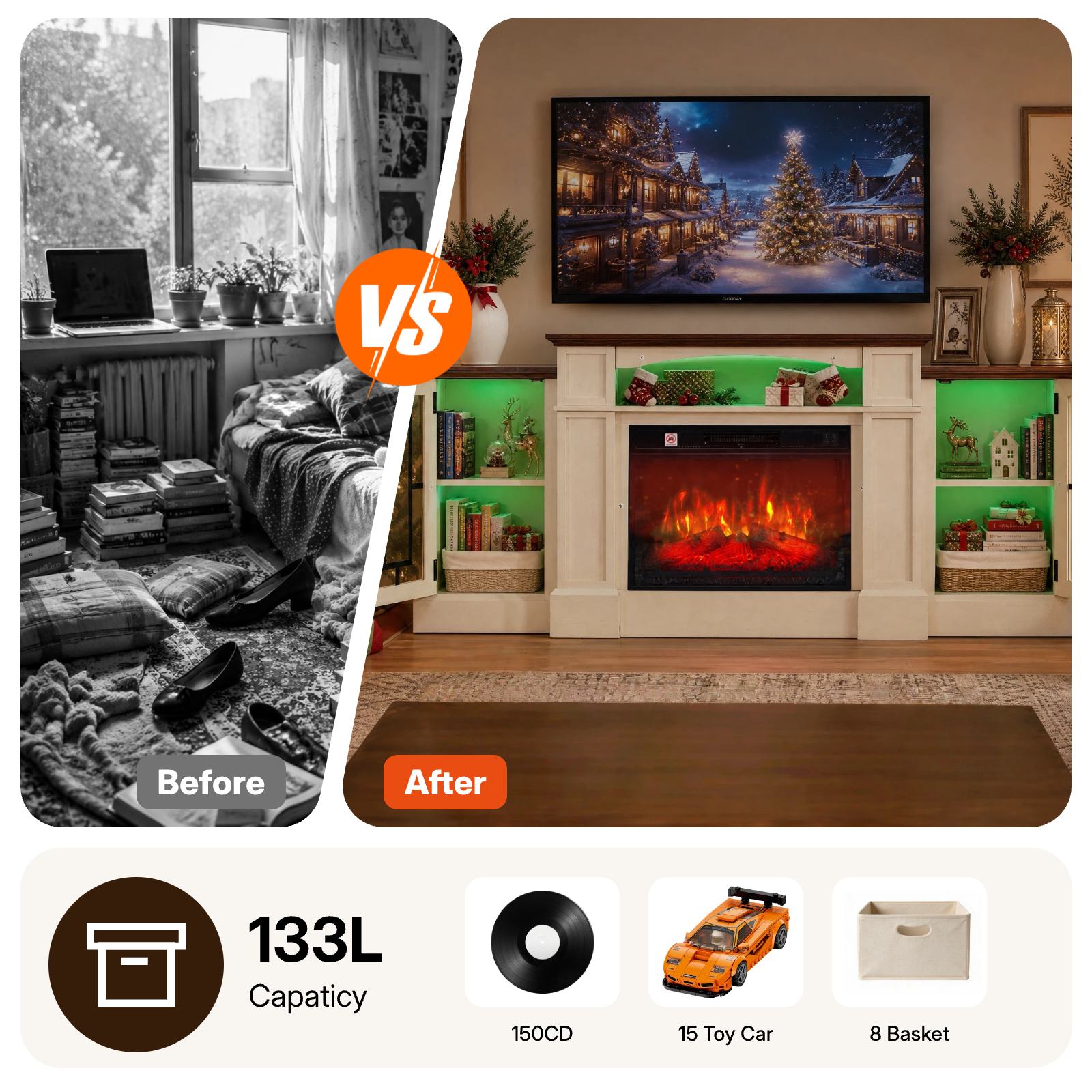 72" Fireplace TV Stand Up to 80" TVs, 42" Modern Electric Fireplace with Mantel, Farmhouse Entertainment Center with Concealed 3 Drawers for Living Room, Adjustable Brightness & Low Noise