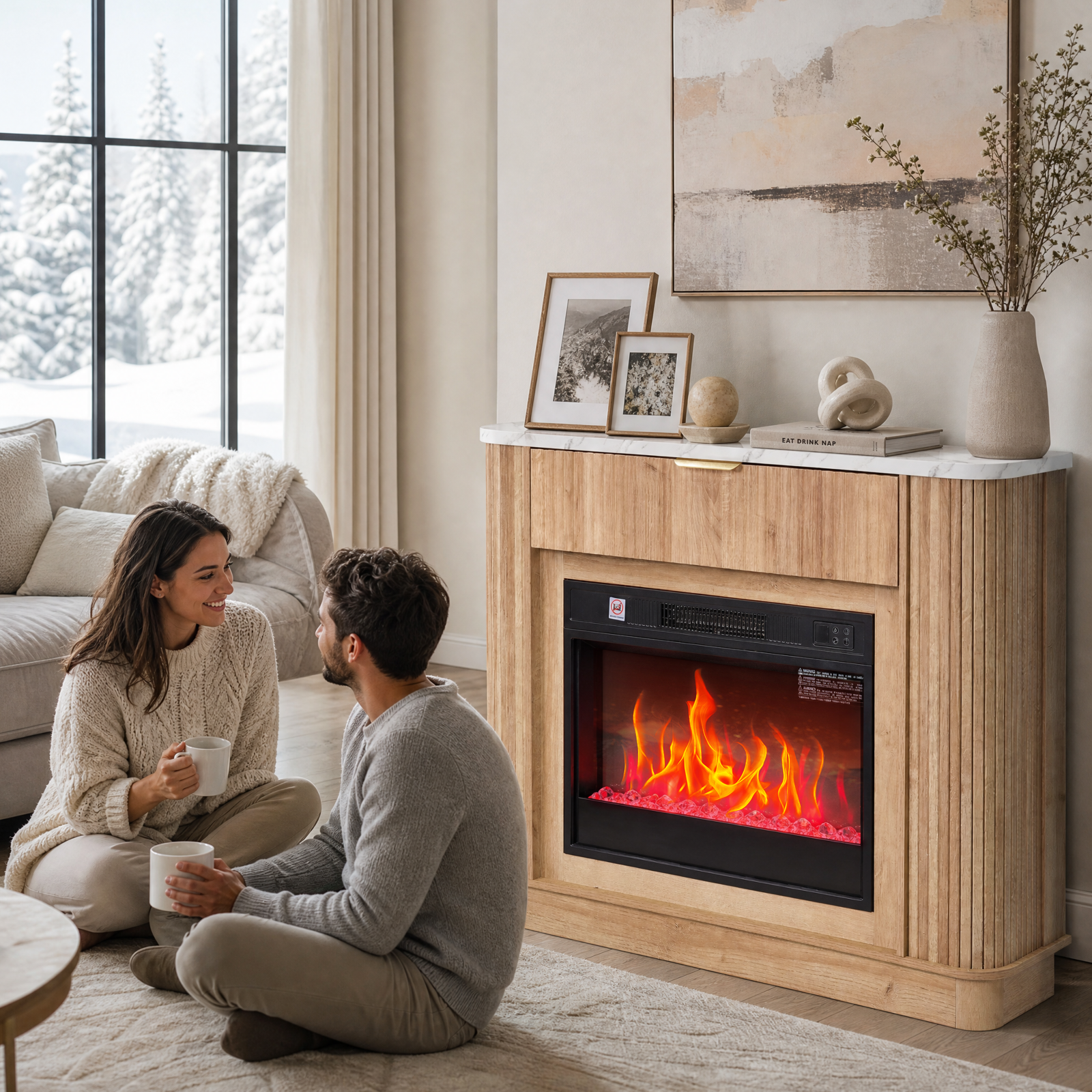 NORTHSKY 39" Electric Fireplace with Mantel, Farmhouse Curved Fluted Fireplace Heater with 23" Insert LED Crystal Flame Effect, Freestanding Wood Electric Fireplace W/Drawer for Living Room Bedroom