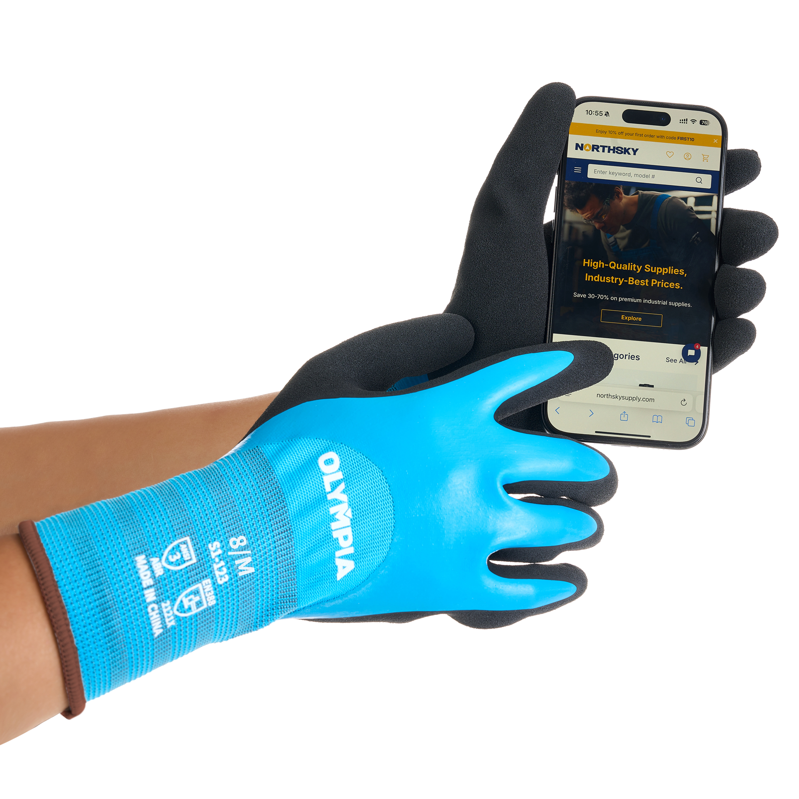 Latex Double-Dipped Knit Gloves, 13ga, M/8,  Blue/Black, 12 Pairs