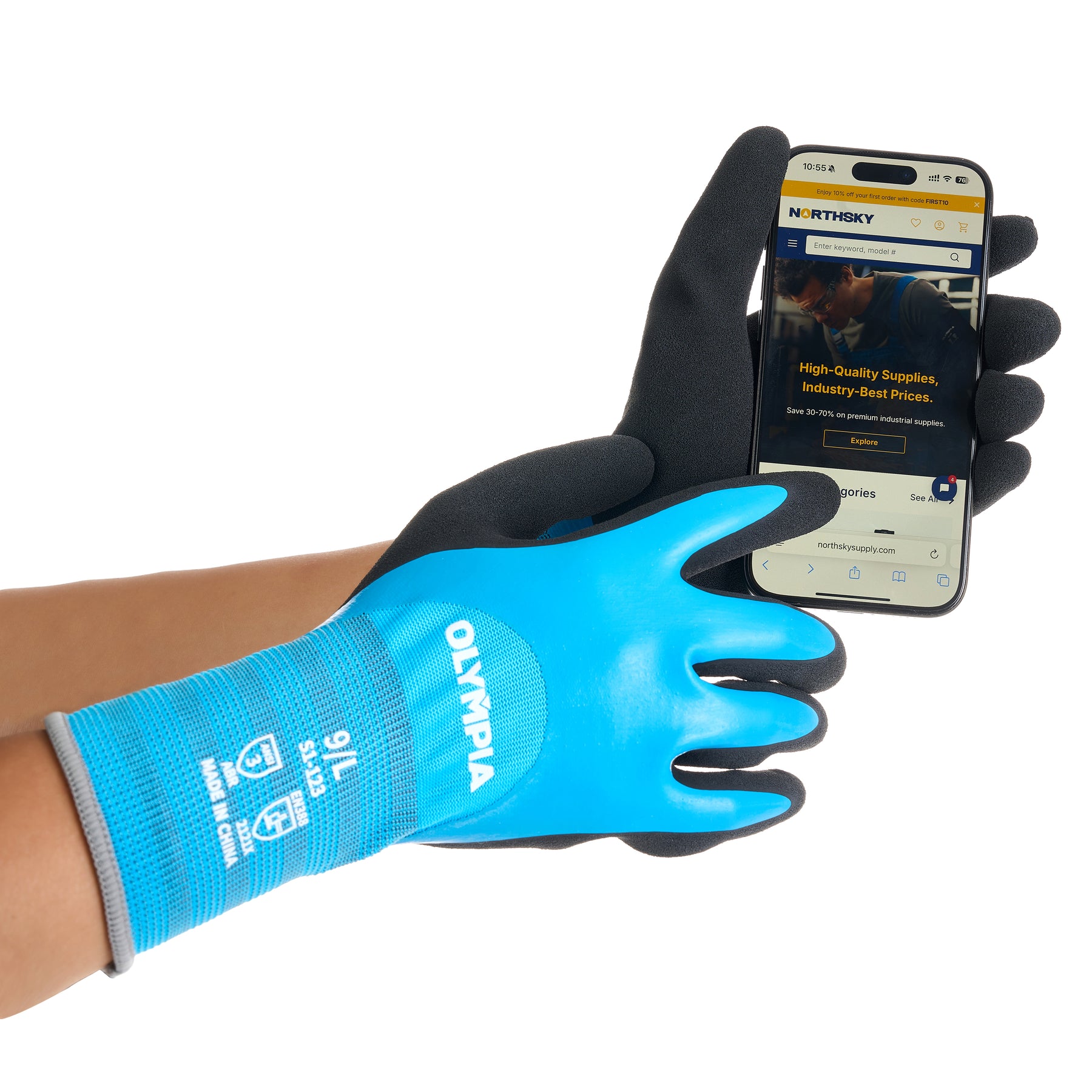 Latex Double-Dipped Knit Gloves, 13ga, L/9,  Blue/Black, 12 Pairs