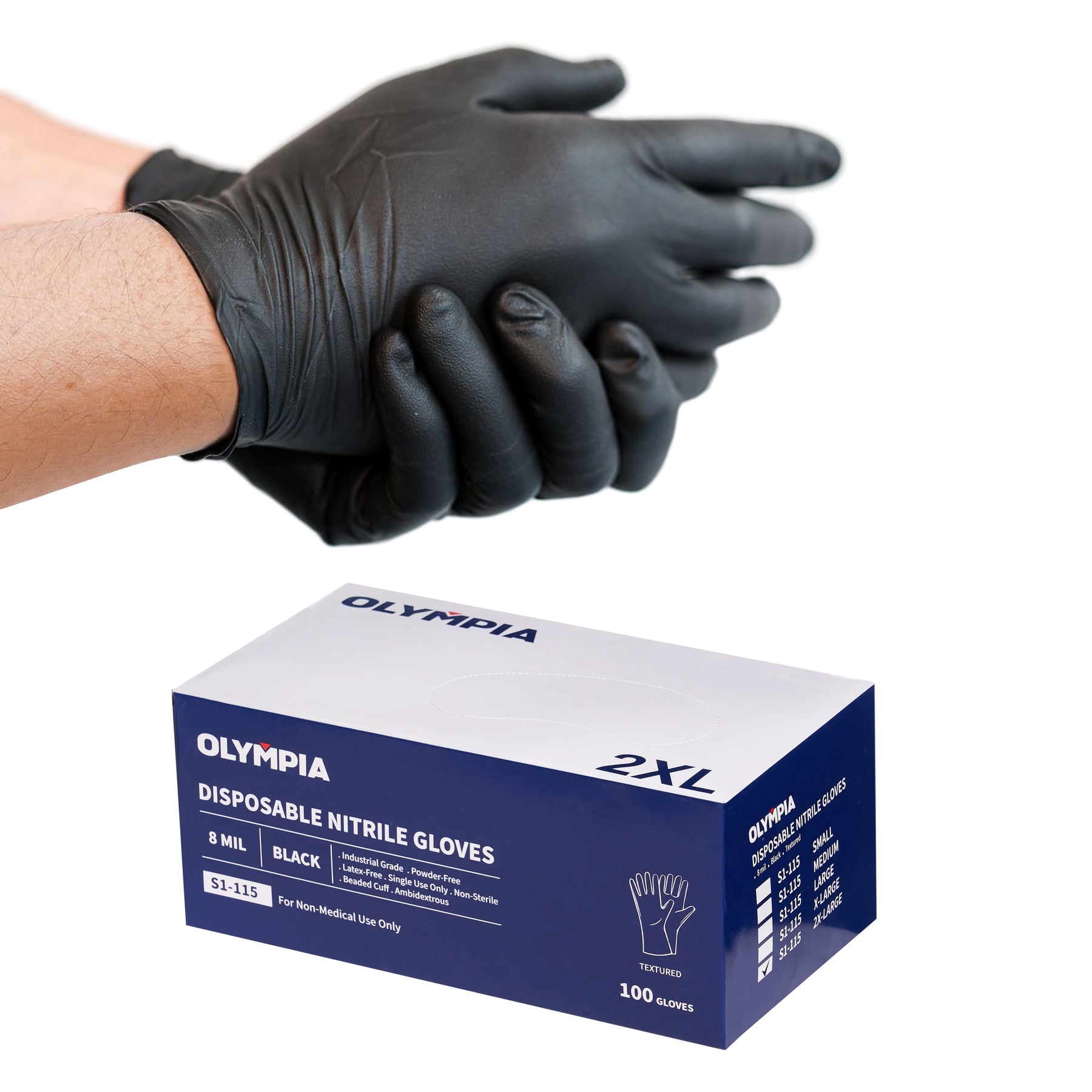 8 mil Disposable Nitrile Gloves, Black, Grain Grip, XXL, 100 ct
