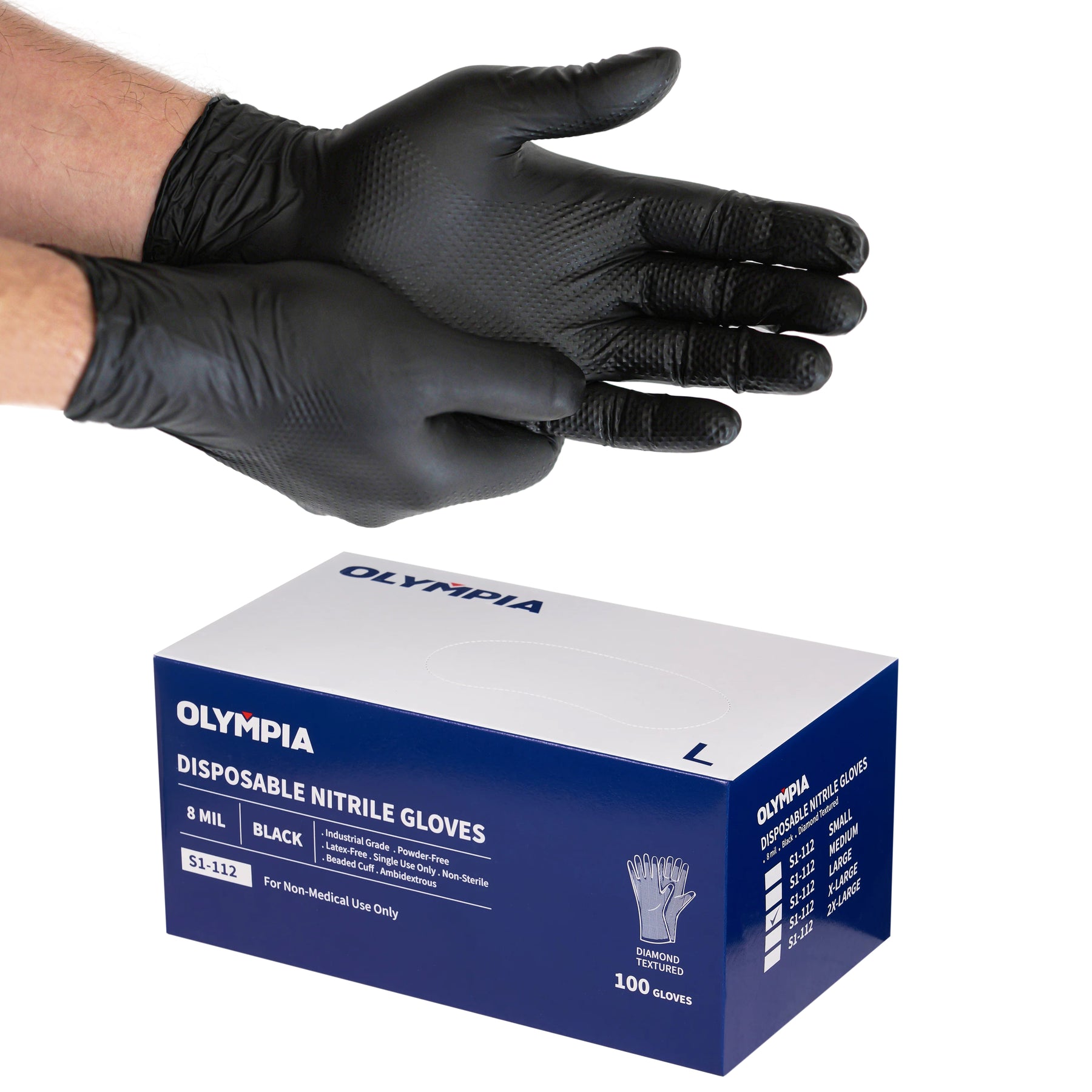 8 mil Disposable Nitrile Gloves, Black, Diamond Grip, Large, 100 ct