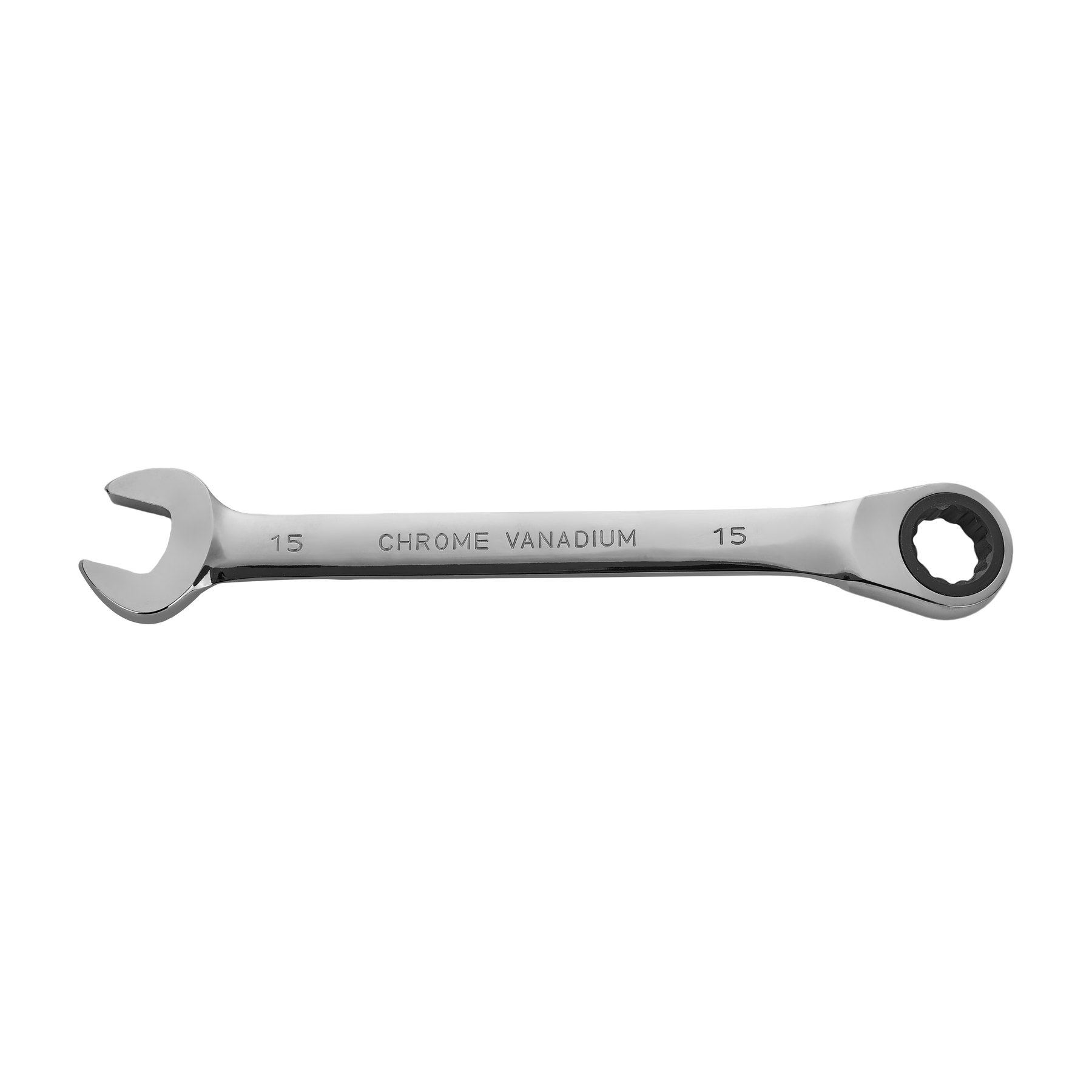15mm Ratcheting Combination Wrench, 12-Point Box End & Hex Opening