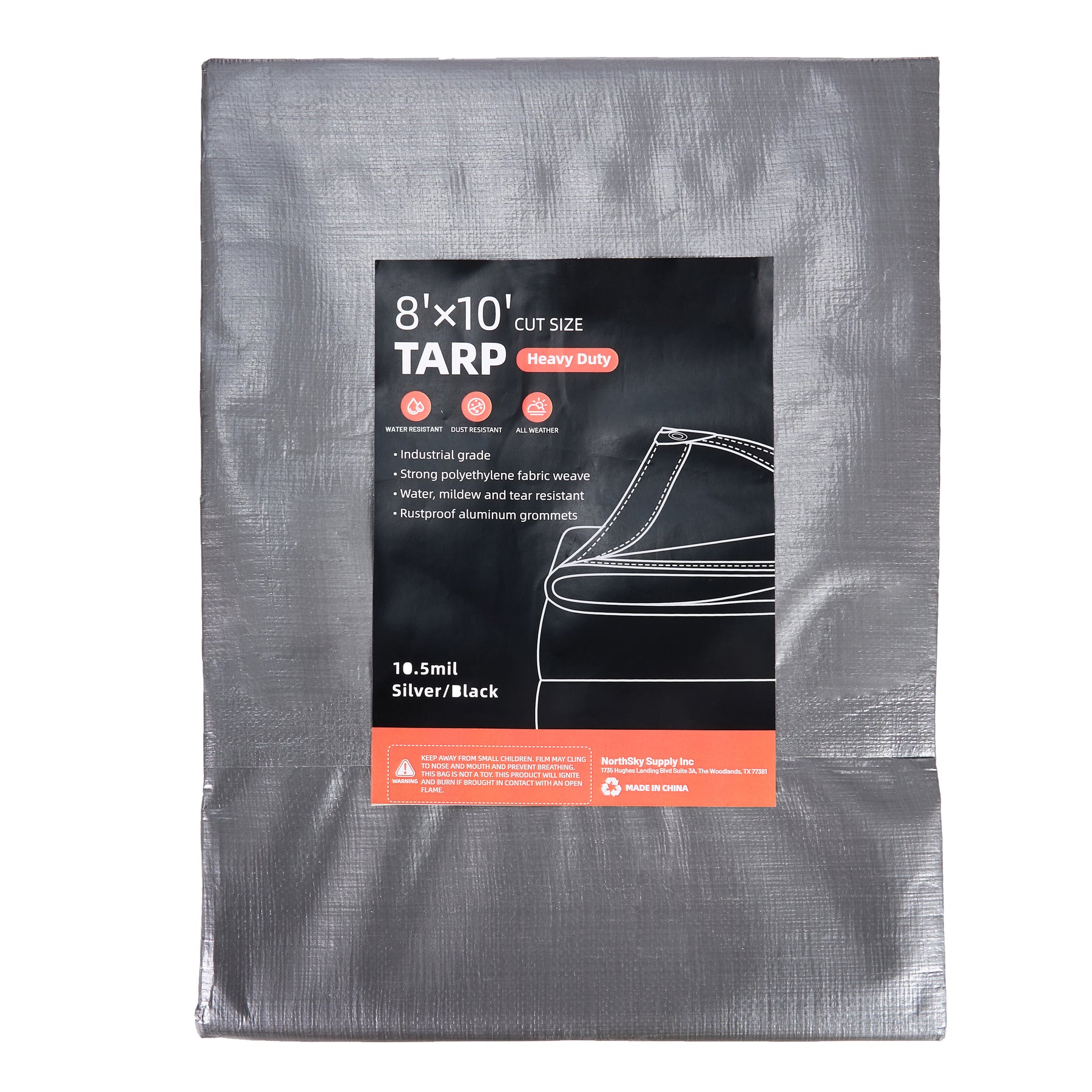 8'×10' Water Resistant Polyethylene Tarp, Silver/Black, 10.5 mil