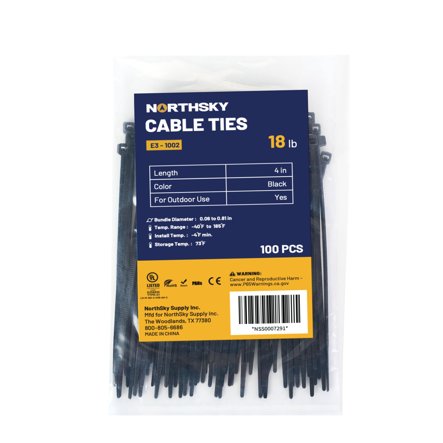 Cable Tie, 4 in Length, 18 lb Tensile Strength, Black, 100-Pack