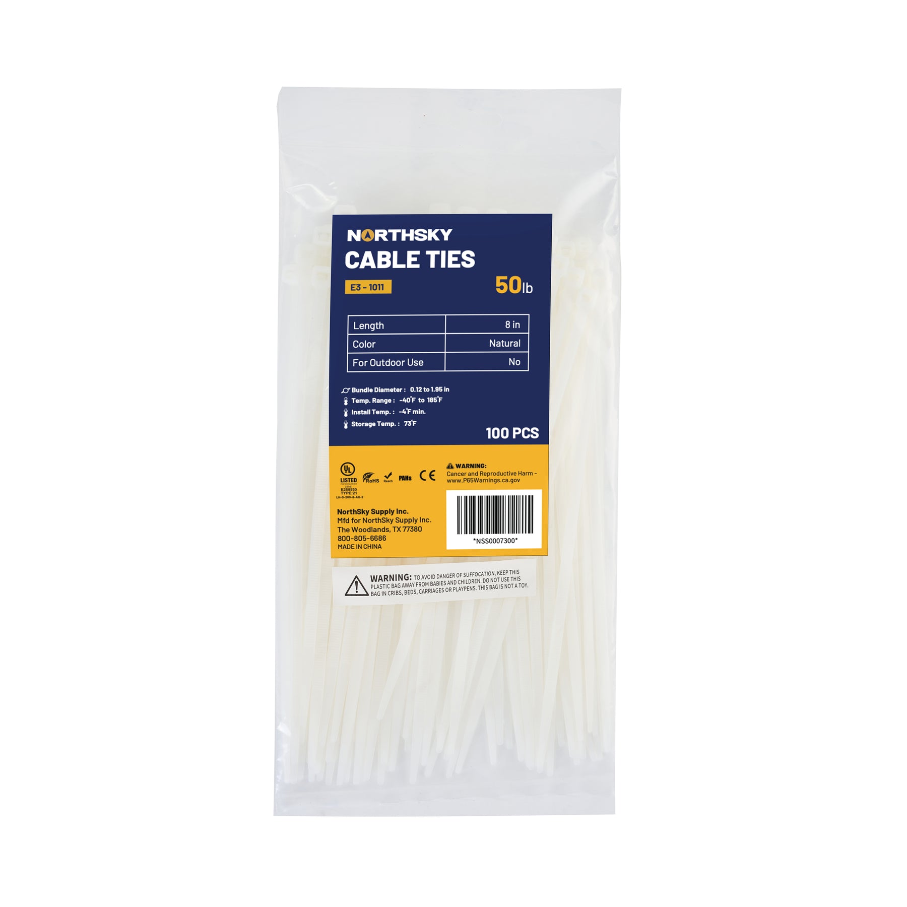 Cable Tie, 8 in Length, 50 lb Tensile Strength, Natural/White, 100-Pack