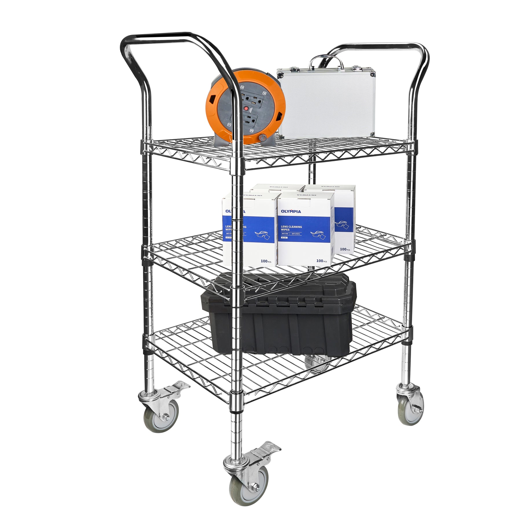 3-Shelf Chrome Utility Cart w/ Wheels, 550lb Capacity, 24" x 18" x 38"