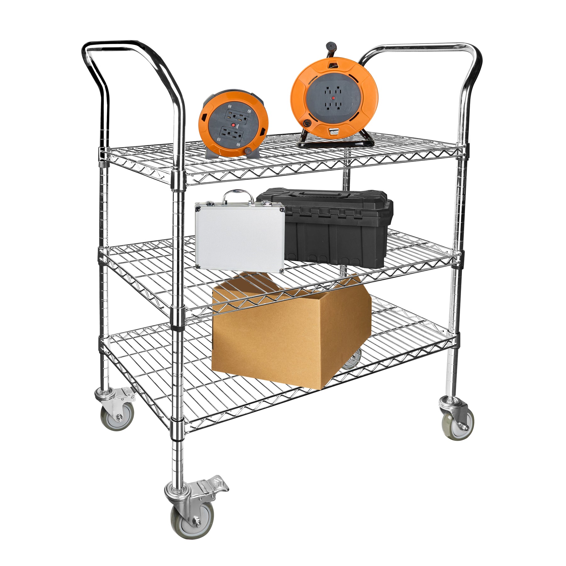 3-Shelf Chrome Utility Cart w/ Wheels, 550lb Capacity, 36" x 18" x 38"