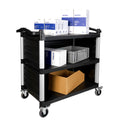 Dual-Handle Enclosed Utility Service Cart, 3 Shelves, 440 lb. Capacity, Black