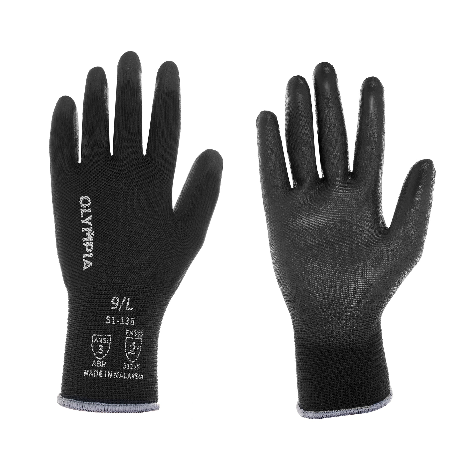 Polyurethane Dipped Knit Gloves, 13ga, L/9, Black, 12-Pairs