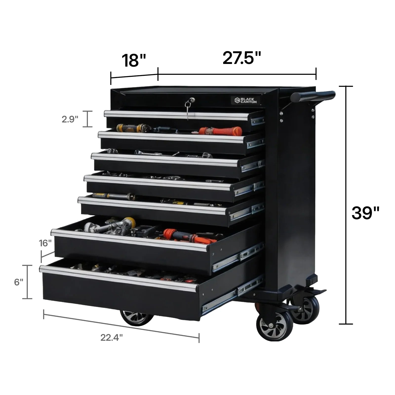 Rolling Tool Cabinet and Flip-Top Chest, 10 Drawers, 27" x 18", Black