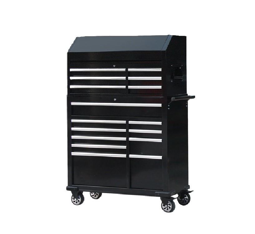 Rolling Tool Cabinet and Flip-Top Chest, 16 Drawers, 42" x 18", Black
