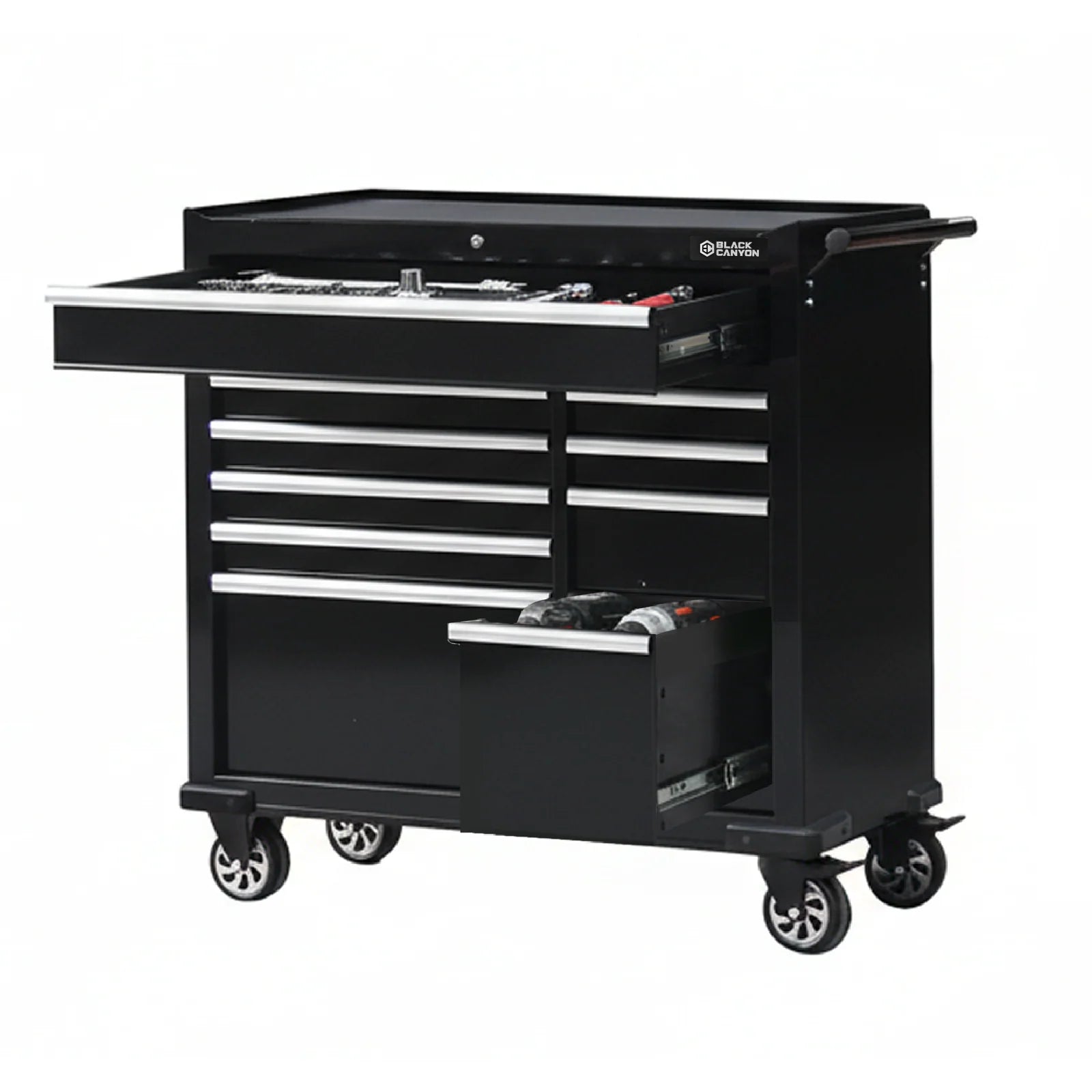 Rolling Tool Cabinet and Flip-Top Chest, 16 Drawers, 42" x 18", Black