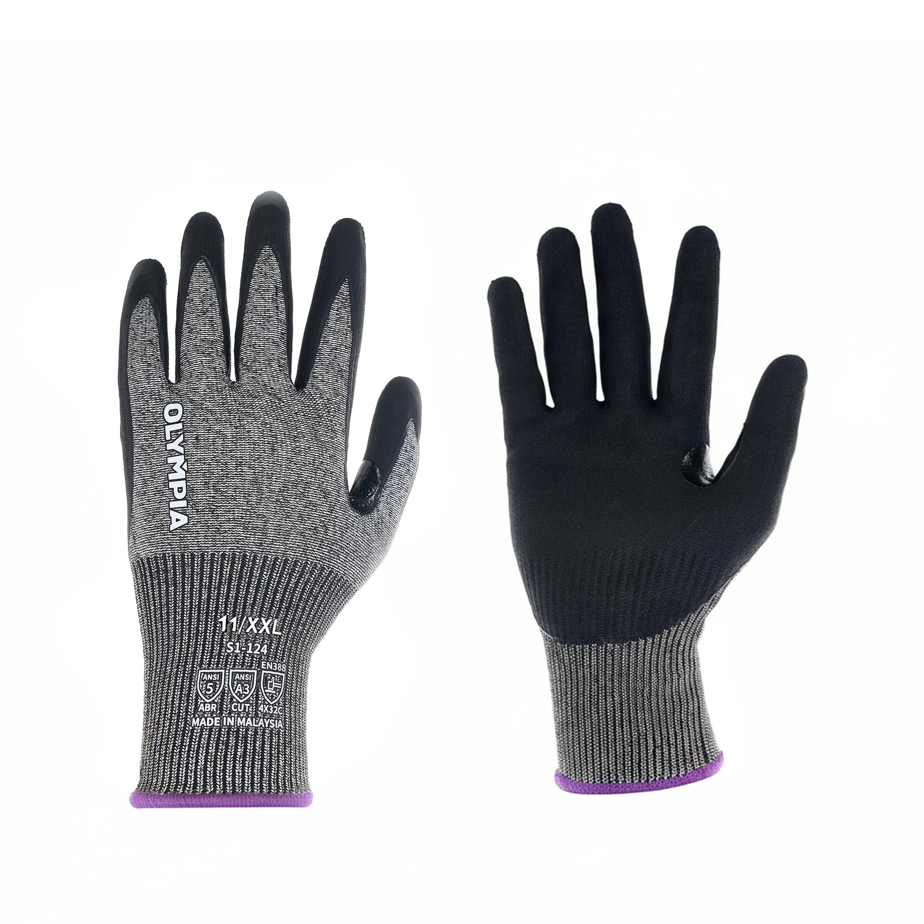 Knit Gloves, Size XXL, Foam, Gray / Black, Cut Level A3, Abrasion Level