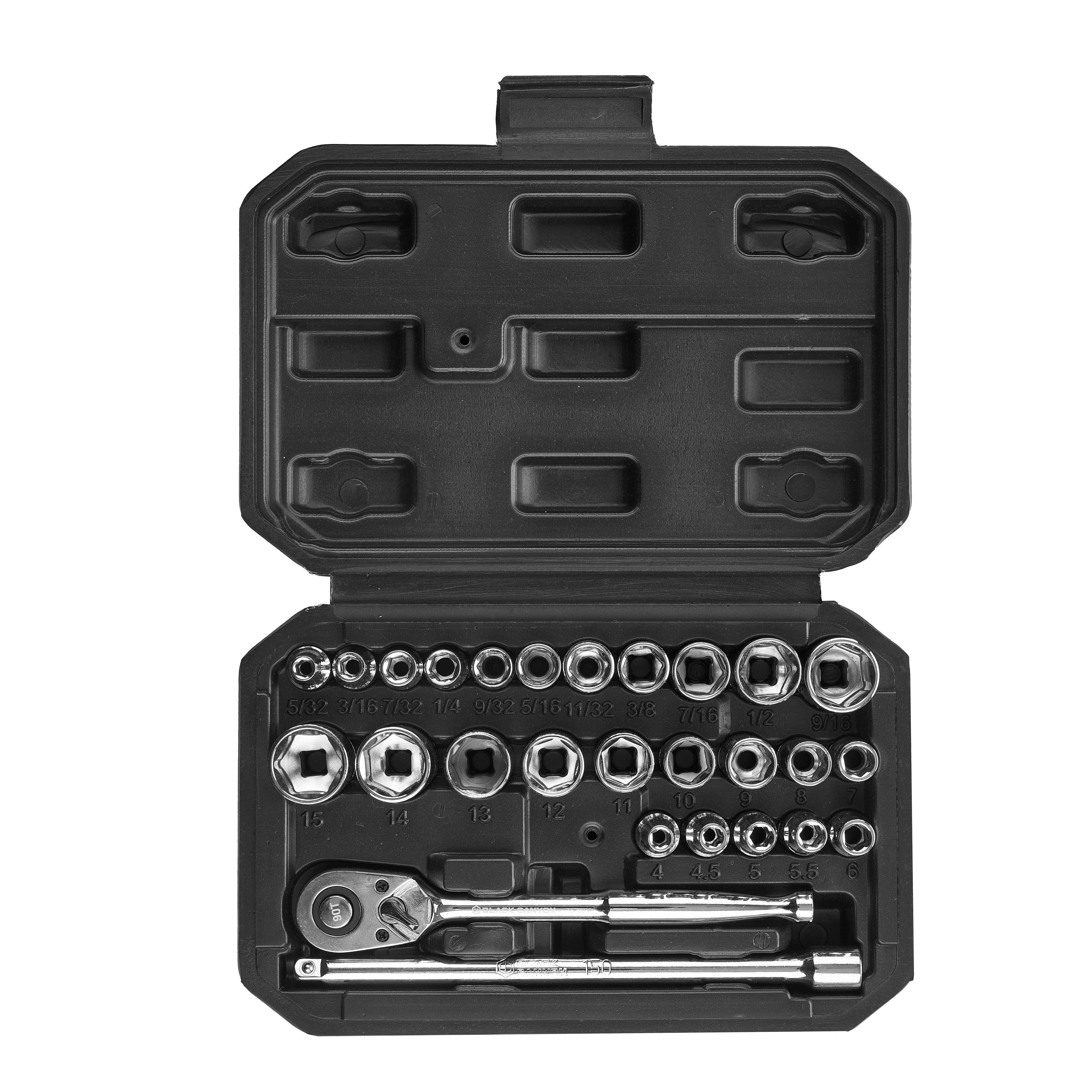 1/4 in Drive Standard Socket Set, 6-Point, Metric/SAE, 27 Piece, Black ...