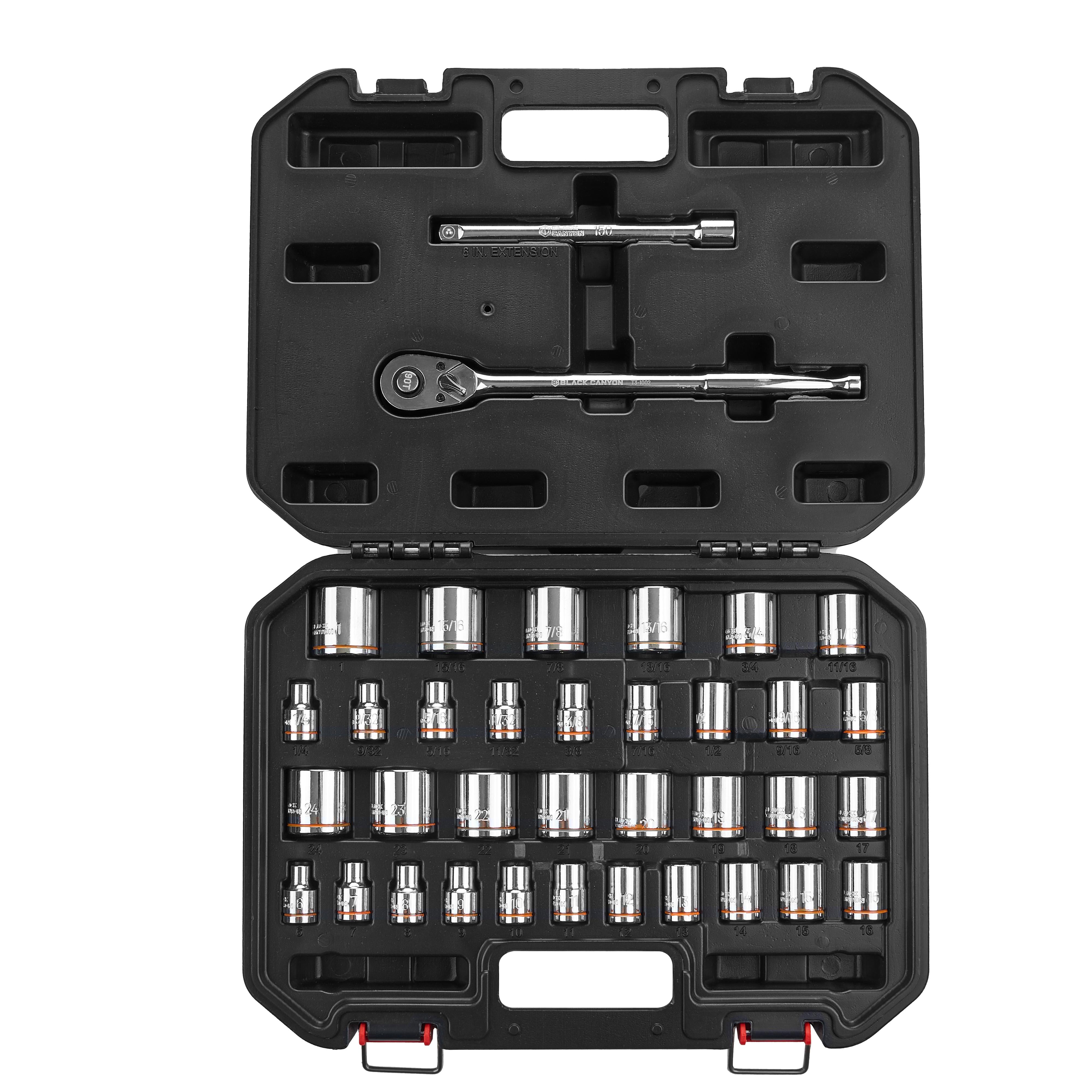 3/8 in Drive Standard Socket Set, 6-Point, Metric/SAE, 36 Piece, Black ...