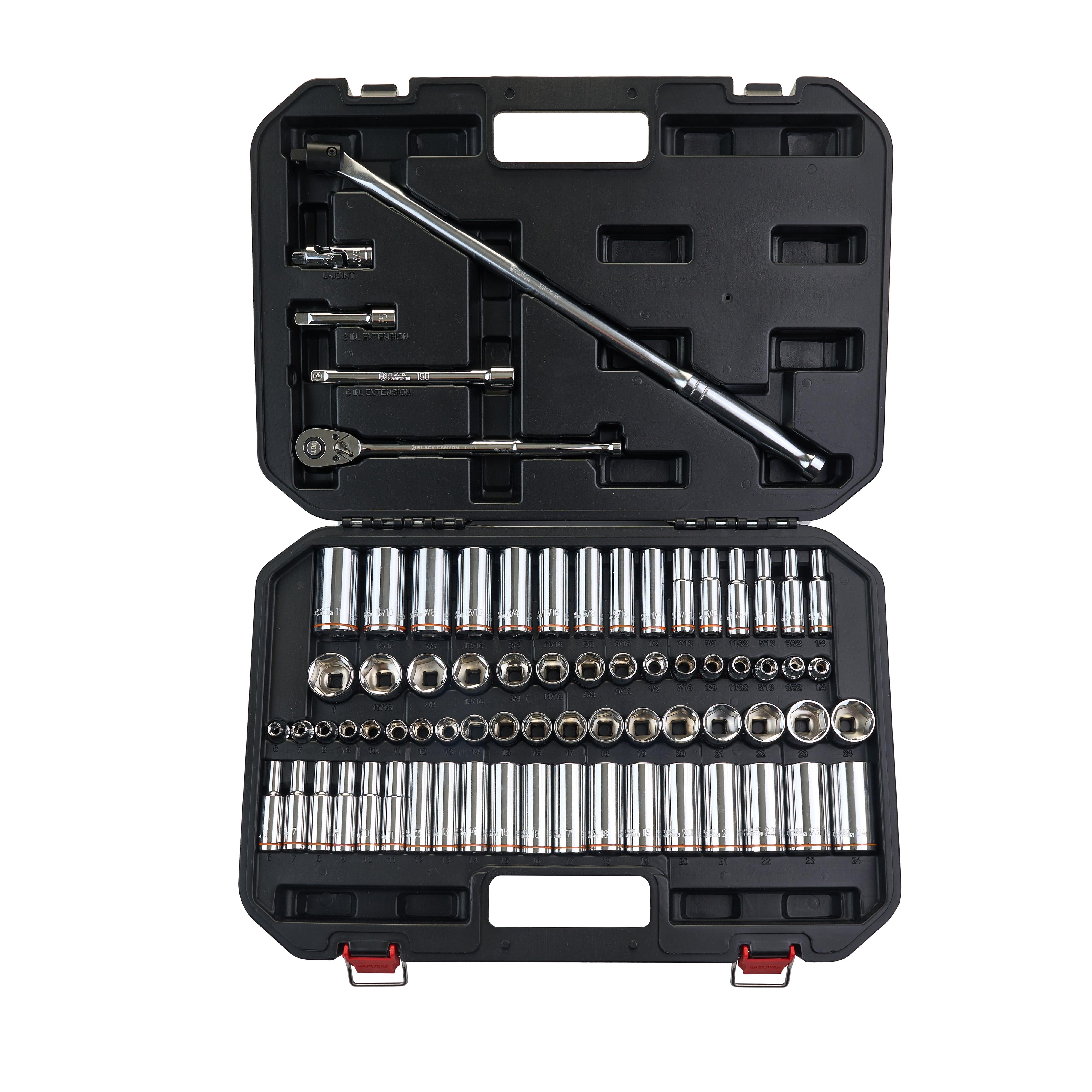 3/8 in Drive Standard Socket Set, 6-Point, Metric/SAE, 73 Piece, Black ...