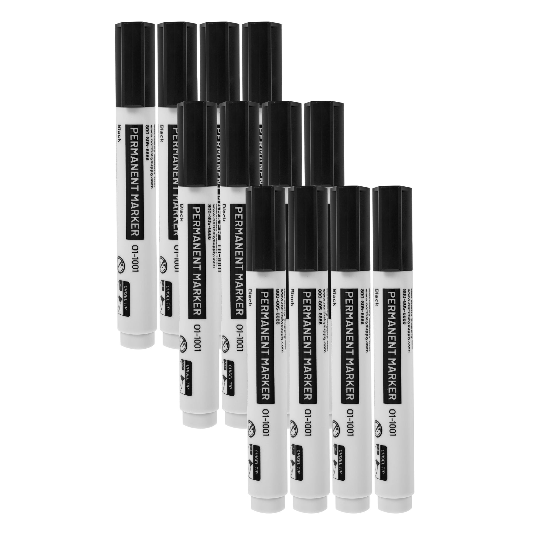 Permanent Marker, Black, 1/4 in Chisel Tip, Pkg of 12
